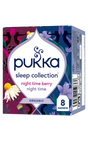 Pukka Sleep Collection tea box with floral and berry patterns in purple and blue. Text reads "night time berry," "night time," "organic," "8 sachets."