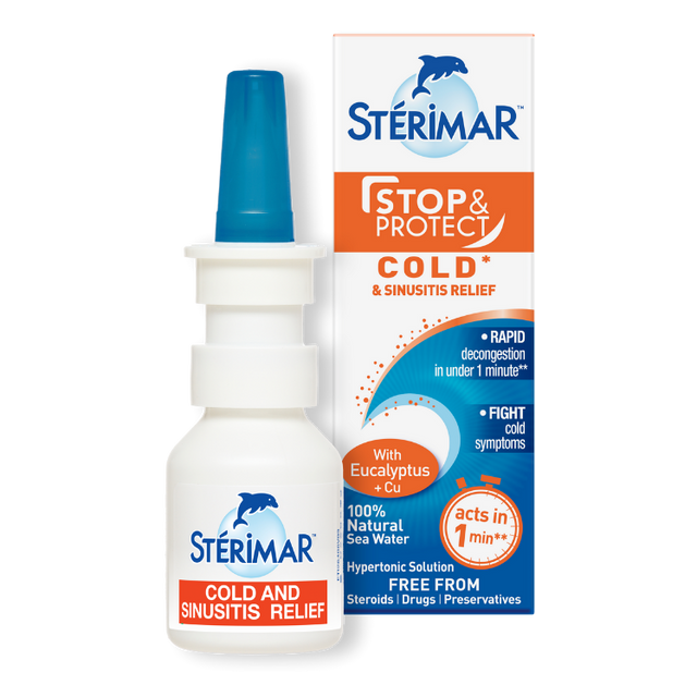 Stérimar Stop & Protect Cold and Sinusitis Relief is a 100% natural sea water nasal spray enriched with eucalyptus and copper. This hypertonic solution is formulated to provide rapid decongestion in under one minute and help fight cold symptoms. It is free from steroids, drugs, and preservatives.