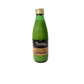 A green bottle of Sunita Zingy Organic Ginger Juice with a gold cap and orange label, set against a plain white background.