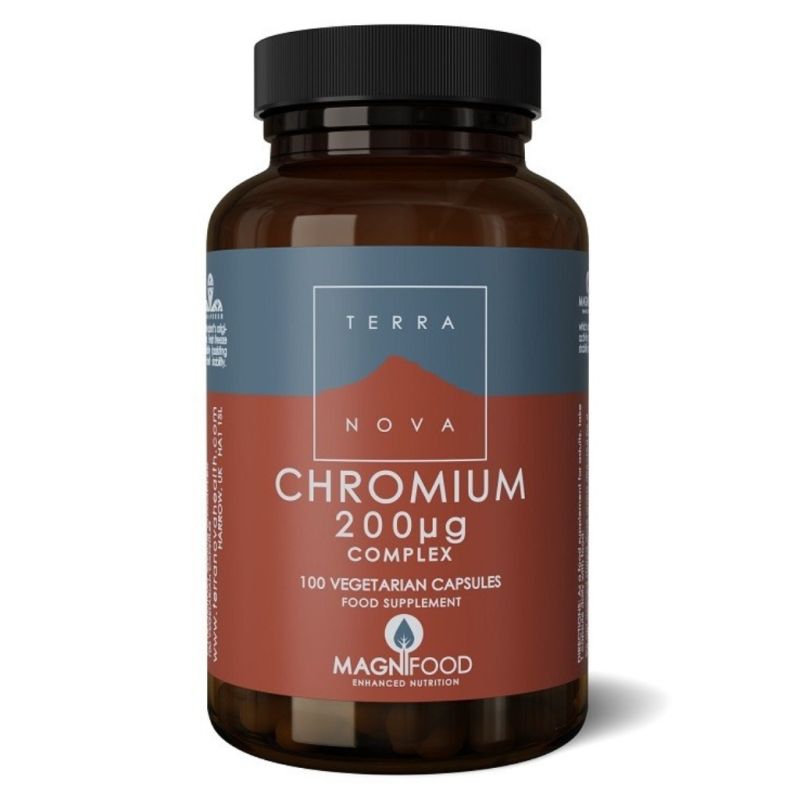 Terranova Chromium 200μg complex supplement, containing 100 vegan vegetarian capsules.