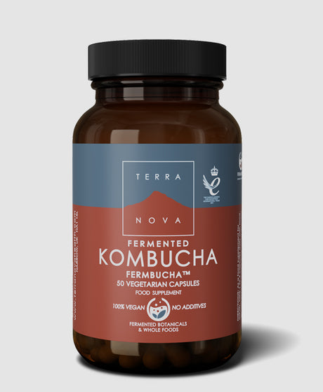 Terranova Fermented Kombucha FERMBUCHA 50 Capsules – fermented black tea supplement with SCOBY and matcha green tea for digestive support and overall wellbeing.