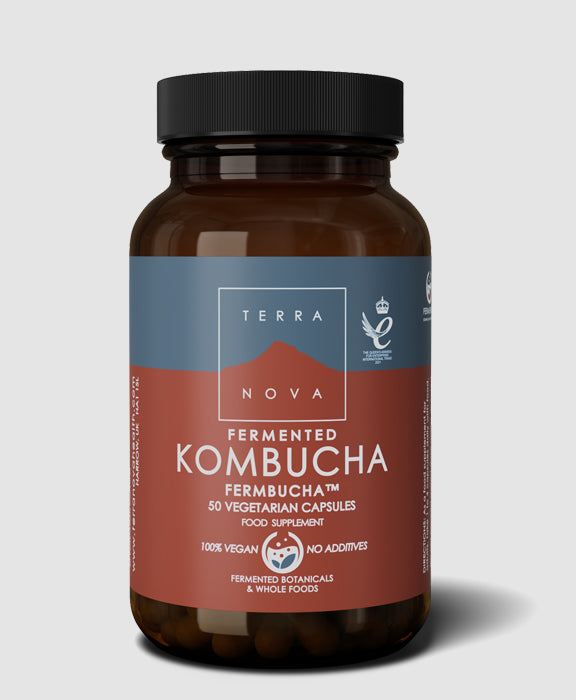 Terranova Fermented Kombucha FERMBUCHA 50 Capsules – fermented black tea supplement with SCOBY and matcha green tea for digestive support and overall wellbeing.