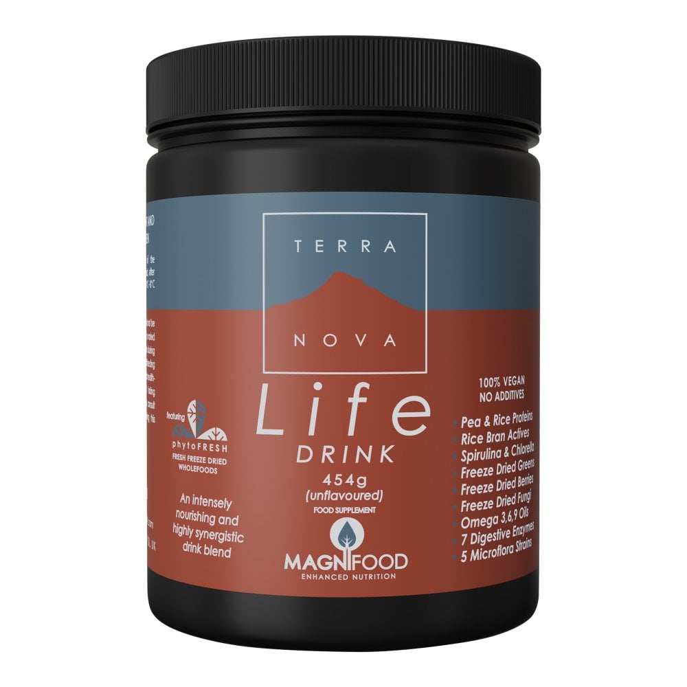 Terranova Life Drink unflavoured 454g vegan food supplement powder tub with nutrient ingredients list.