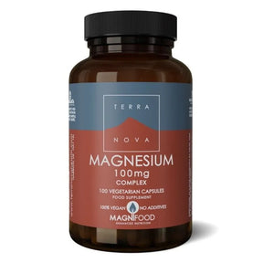 Terranova Magnesium 100mg complex supplement, containing 100 vegan vegetarian capsules.