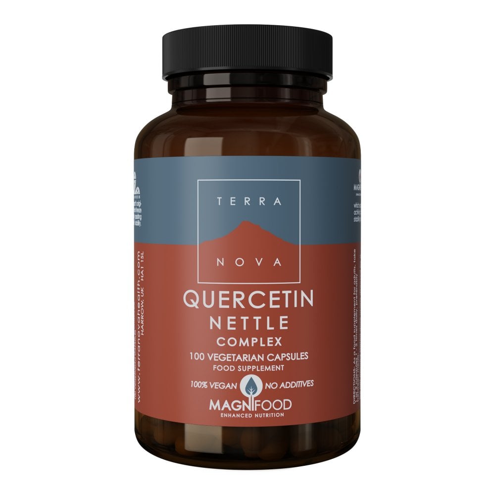 A brown bottle with a black cap labeled "Quercetin Nettle Complex." It contains 100 vegan capsules by Terra Nova. The design is clean and modern.