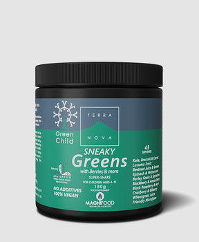 Terranova Green Child Sneaky Greens Super Shake 180g – children’s nutrient‑rich superfood shake with greens, fruits, vegetables and probiotics, free from added sugar and artificial ingredients.
