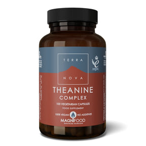 Terranova Theanine Complex supplement bottle containing 100 vegan vegetarian capsules.