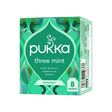 Green box of Pukka Three Mint organic tea, featuring leaf illustrations. Text highlights spearmint, peppermint, and field mint. Contains 8 sachets.