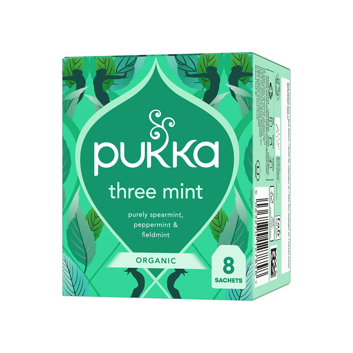 Green box of Pukka Three Mint organic tea, featuring leaf illustrations. Text highlights spearmint, peppermint, and field mint. Contains 8 sachets.