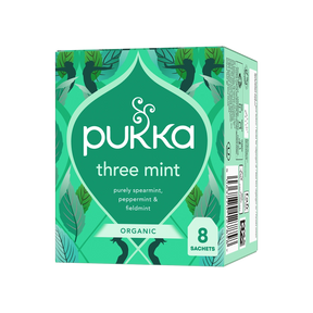 Green box of Pukka Three Mint organic tea, featuring leaf illustrations. Text highlights spearmint, peppermint, and field mint. Contains 8 sachets.