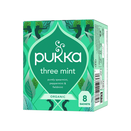 Green box of Pukka Three Mint organic tea, featuring leaf illustrations. Text highlights spearmint, peppermint, and field mint. Contains 8 sachets.