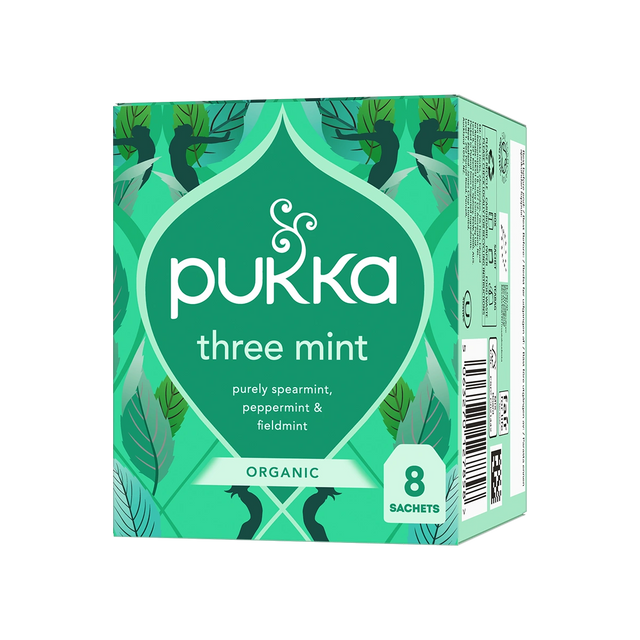 Green box of Pukka Three Mint organic tea, featuring leaf illustrations. Text highlights spearmint, peppermint, and field mint. Contains 8 sachets.