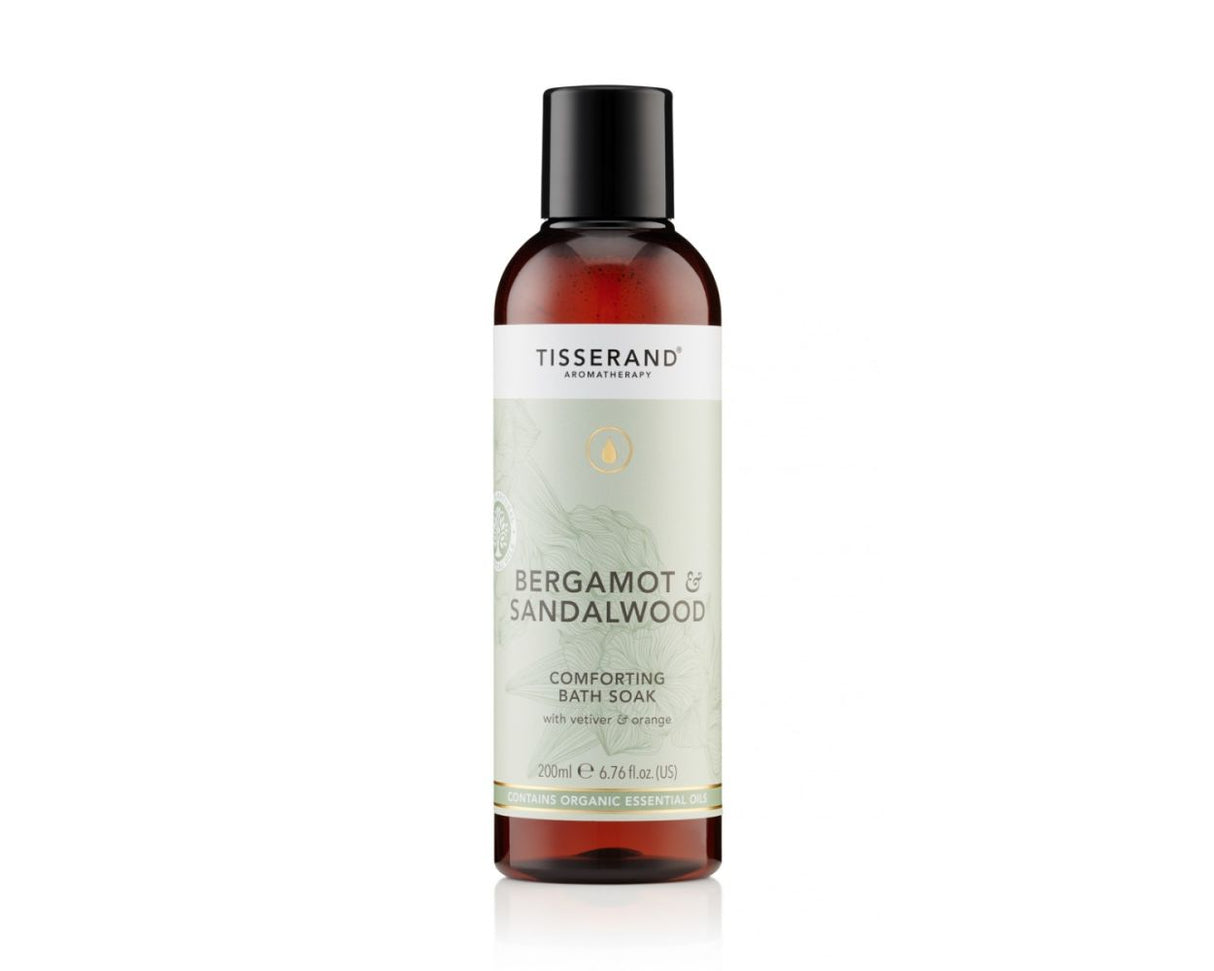 Tisserand Aromatherapy Bergamot and Sandalwood comforting bath soak with organic essential oils.