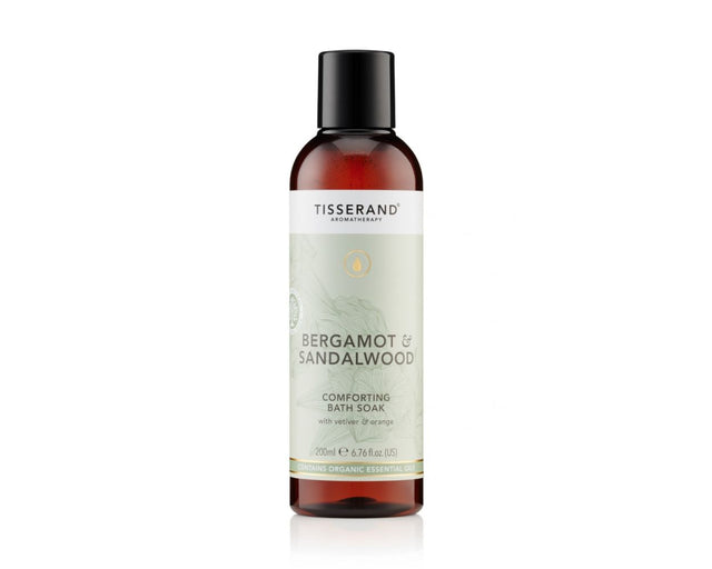 Tisserand Aromatherapy Bergamot and Sandalwood comforting bath soak with organic essential oils.