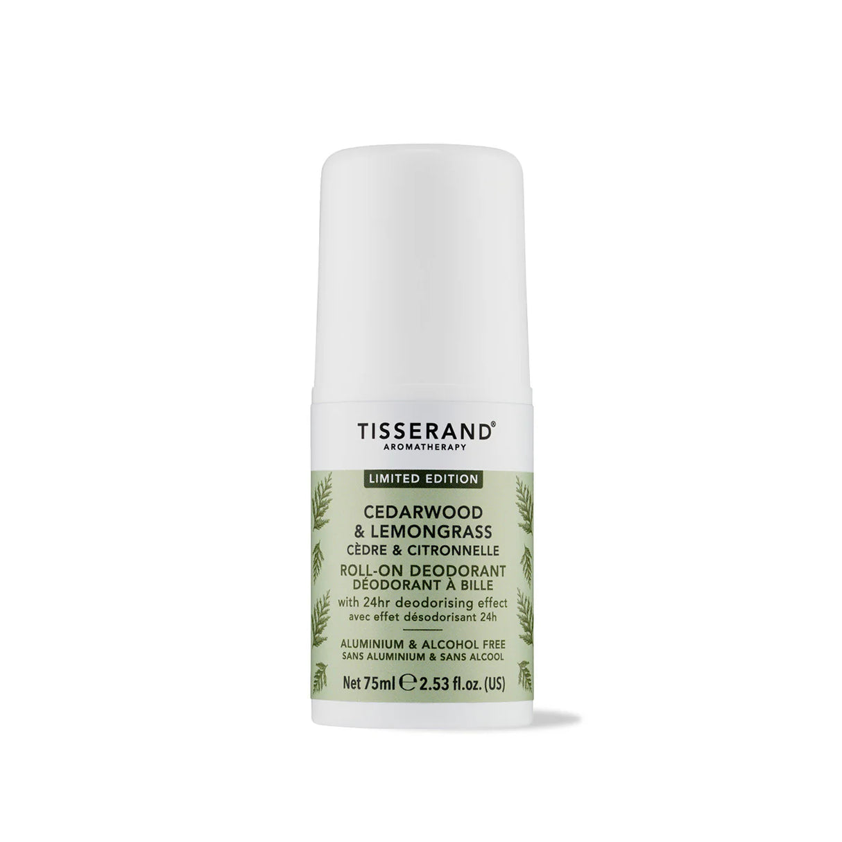 A 75ml bottle of Tisserand Aromatherapy Limited Edition Cedarwood & Lemongrass roll-on deodorant, featuring an aluminium and alcohol-free formula with 24-hour protection.