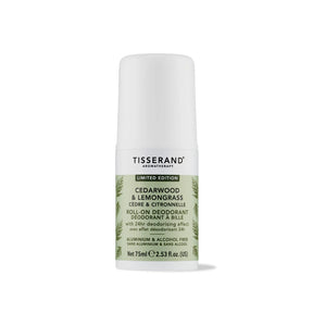 A 75ml bottle of Tisserand Aromatherapy Limited Edition Cedarwood & Lemongrass roll-on deodorant, featuring an aluminium and alcohol-free formula with 24-hour protection.