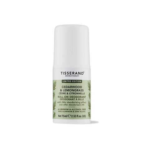 A 75ml bottle of Tisserand Aromatherapy Limited Edition Cedarwood & Lemongrass roll-on deodorant, featuring an aluminium and alcohol-free formula with 24-hour protection.