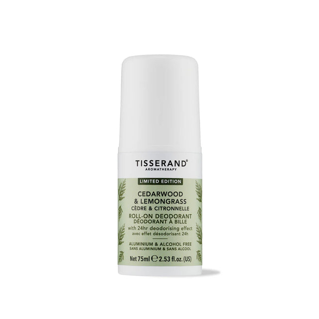 A 75ml bottle of Tisserand Aromatherapy Limited Edition Cedarwood & Lemongrass roll-on deodorant, featuring an aluminium and alcohol-free formula with 24-hour protection.