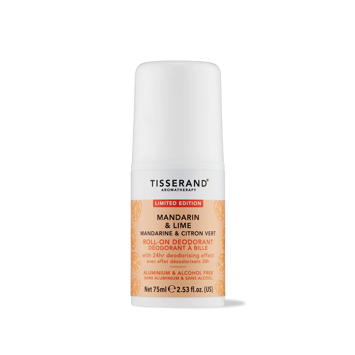 A 75ml bottle of Tisserand Aromatherapy Limited Edition Mandarin & Lime roll-on deodorant, featuring an aluminium and alcohol-free formula with 24-hour protection.