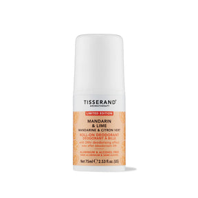A 75ml bottle of Tisserand Aromatherapy Limited Edition Mandarin & Lime roll-on deodorant, featuring an aluminium and alcohol-free formula with 24-hour protection.