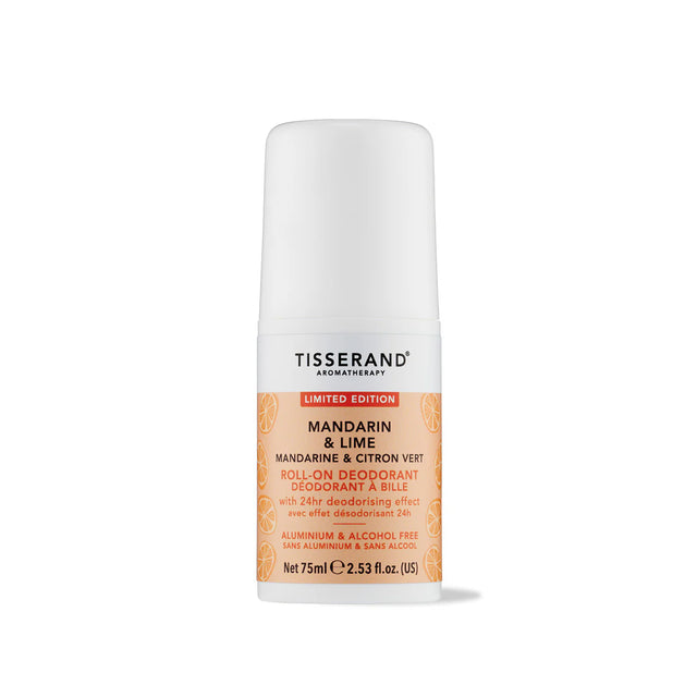 A 75ml bottle of Tisserand Aromatherapy Limited Edition Mandarin & Lime roll-on deodorant, featuring an aluminium and alcohol-free formula with 24-hour protection.