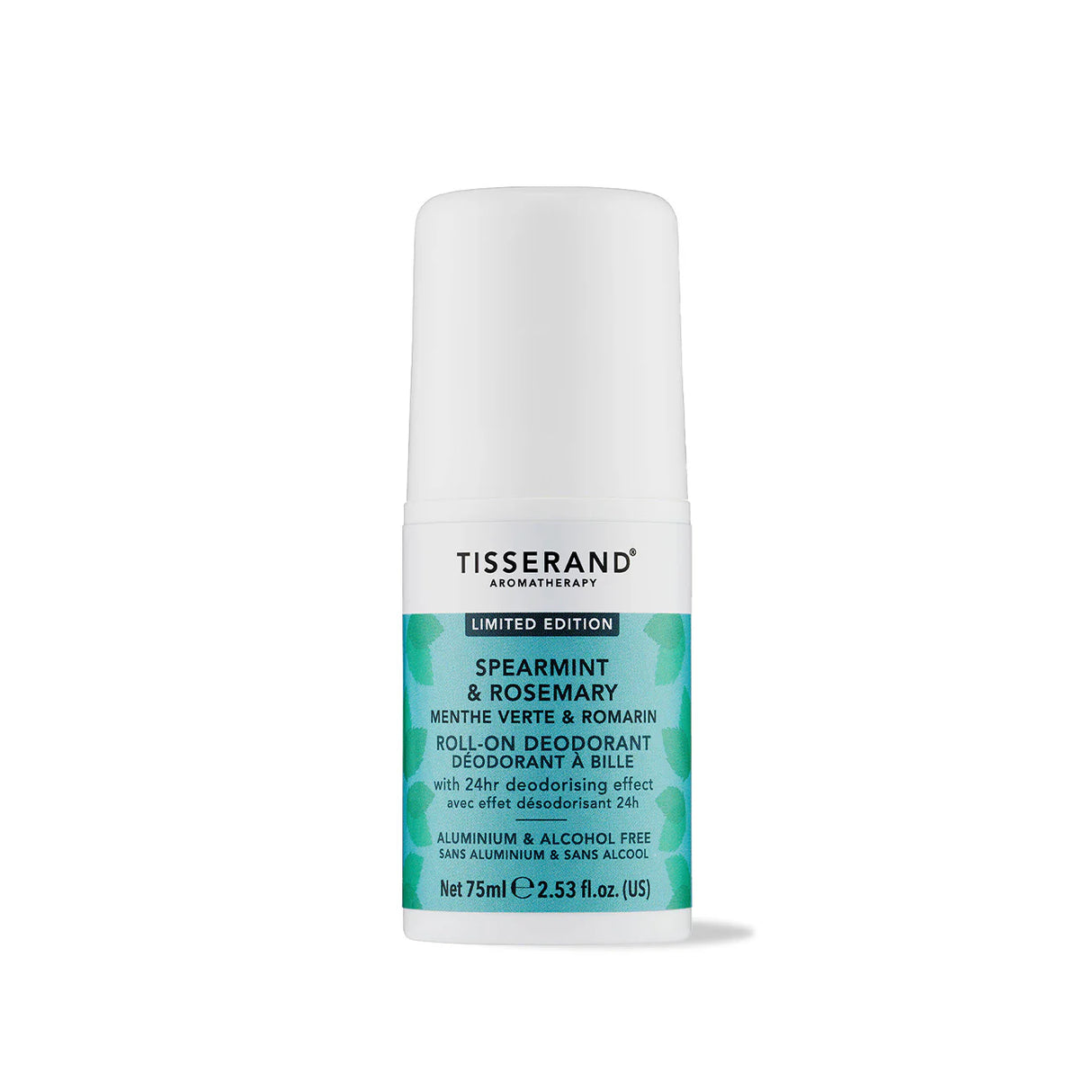 A 75ml bottle of Tisserand Aromatherapy Limited Edition Spearmint & Rosemary roll-on deodorant, featuring an aluminium and alcohol-free formula with a 24-hour deodorising effect.