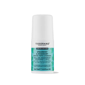 A 75ml bottle of Tisserand Aromatherapy Limited Edition Spearmint & Rosemary roll-on deodorant, featuring an aluminium and alcohol-free formula with a 24-hour deodorising effect.
