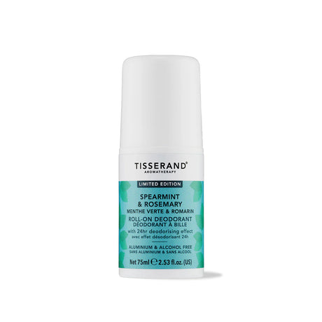 A 75ml bottle of Tisserand Aromatherapy Limited Edition Spearmint & Rosemary roll-on deodorant, featuring an aluminium and alcohol-free formula with a 24-hour deodorising effect.
