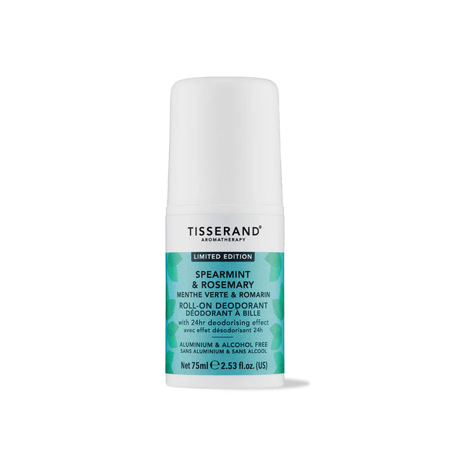 A 75ml bottle of Tisserand Aromatherapy Limited Edition Spearmint & Rosemary roll-on deodorant, featuring an aluminium and alcohol-free formula with a 24-hour deodorising effect.