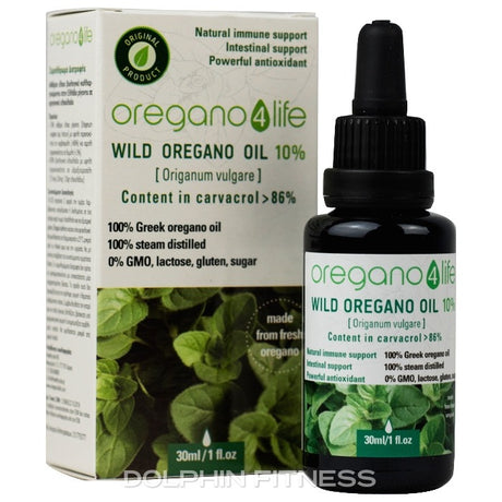Oregano4Life 10% Wild Oregano Oil (30ml/1 fl. oz.), a steam-distilled, GMO-free supplement with over 86% carvacrol for immune and intestinal support.