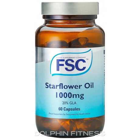 FSC Starflower Oil 1000mg, 60 capsules with 20% GLA content.
