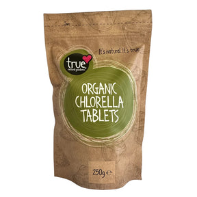 A 250g stand-up pouch of True Natural Products Organic Chlorella Tablets on a plain white background.