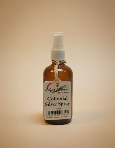 Silver Water Colloidal Silver Spray, 100ml bottle, featuring a spray pump dispenser and a branded label.