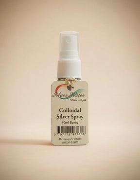 Silver Water Colloidal Silver Spray, 10ml travel-size bottle, featuring a spray pump dispenser and a branded label.