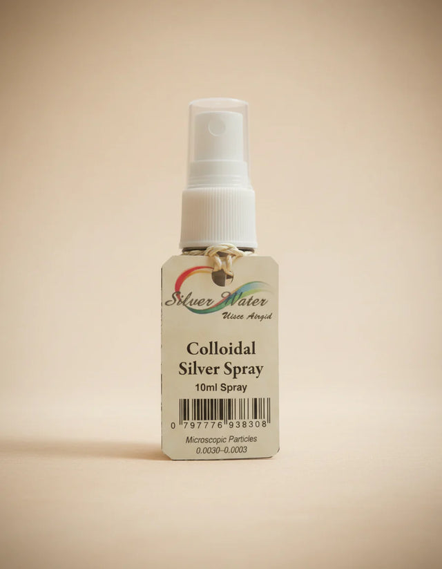 Silver Water Colloidal Silver Spray, 10ml travel-size bottle, featuring a spray pump dispenser and a branded label.