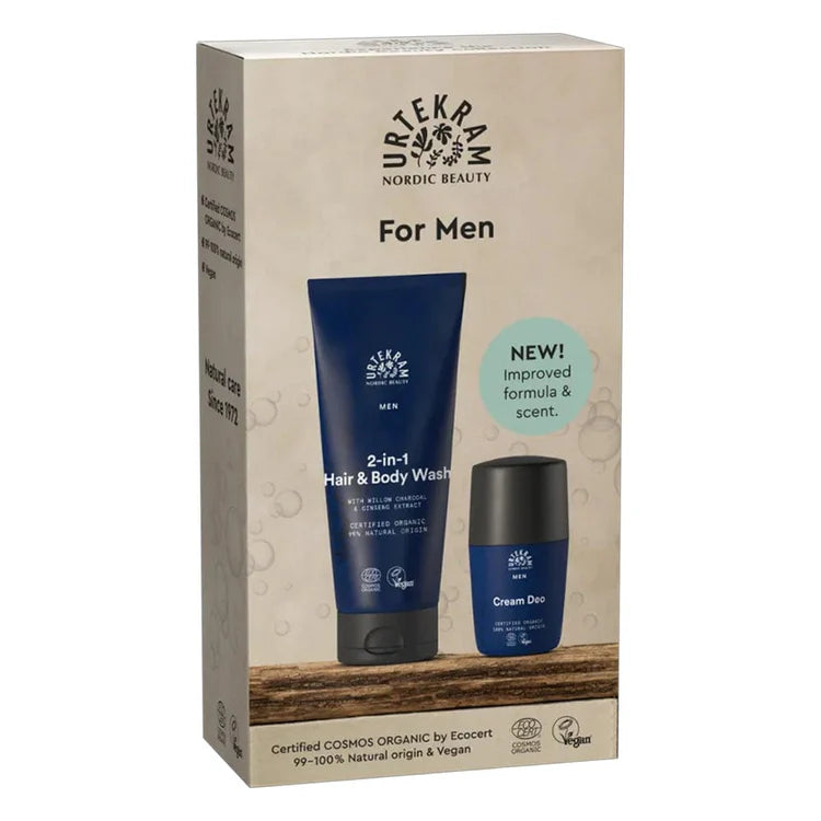 Urtekram Nordic Beauty 'For Men' gift set, including a 2-in-1 hair and body wash and a cream deodorant, both certified organic and vegan.