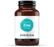 A 90-capsule amber glass jar of Viridian Balanced Zinc Complex food supplement with a white label and a turquoise watercolor-style circle, isolated on a white background.