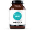 A 150g amber glass jar of Viridian Magnesium Citrate Powder food supplement with a white label and a turquoise watercolor-style circle, isolated on a white background.