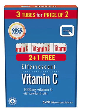 A box of Quest "Once A Day" effervescent Vitamin C tablets, featuring a "3 tubes for the price of 2" promotion. Each box contains 3 tubes of 20 tablets each, with each 1000mg tablet containing added rosehips and rutin.
