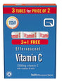 A box of Quest "Once A Day" effervescent Vitamin C tablets, featuring a "3 tubes for the price of 2" promotion. Each box contains 3 tubes of 20 tablets each, with each 1000mg tablet containing added rosehips and rutin.