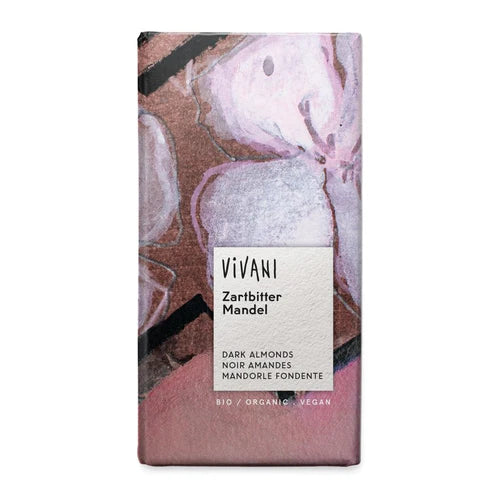 Vivani Zarbitter Mandel chocolate bar packaging, featuring an abstract watercolor design in dusty pink, mauve, and brown tones with a central white label.