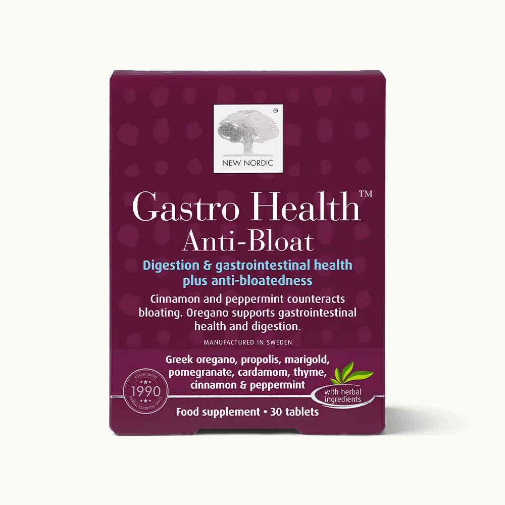 Packaging of New Nordic's Gastro Health Anti-Bloat supplement. Purple box details digestive support with cinnamon, peppermint, and oregano. 30 tablets included.