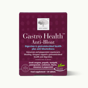 Packaging of New Nordic's Gastro Health Anti-Bloat supplement. Purple box details digestive support with cinnamon, peppermint, and oregano. 30 tablets included.