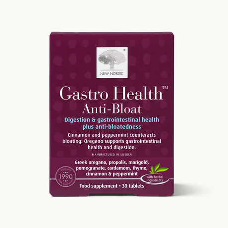 Packaging of New Nordic's Gastro Health Anti-Bloat supplement. Purple box details digestive support with cinnamon, peppermint, and oregano. 30 tablets included.