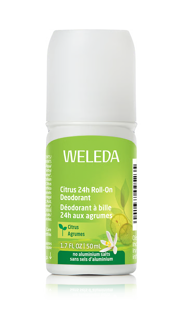 Weleda Citrus 24h roll-on deodorant without aluminum salts for daily freshness.