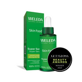 Weleda Skin Food bottle and packaging on a white background with a Beauty Awards badge.
