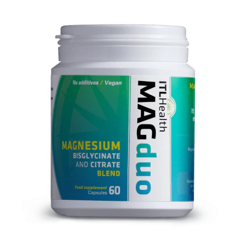 MAGduo Magnesium Bisglycinate and Citrate blend capsules for sleep, muscle relaxation, and digestive support.