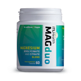 MAGduo Magnesium Bisglycinate and Citrate blend capsules for sleep, muscle relaxation, and digestive support.
