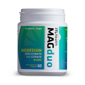MAGduo Magnesium Bisglycinate and Citrate blend capsules for sleep, muscle relaxation, and digestive support.