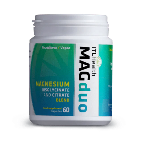 MAGduo Magnesium Bisglycinate and Citrate blend capsules for sleep, muscle relaxation, and digestive support.